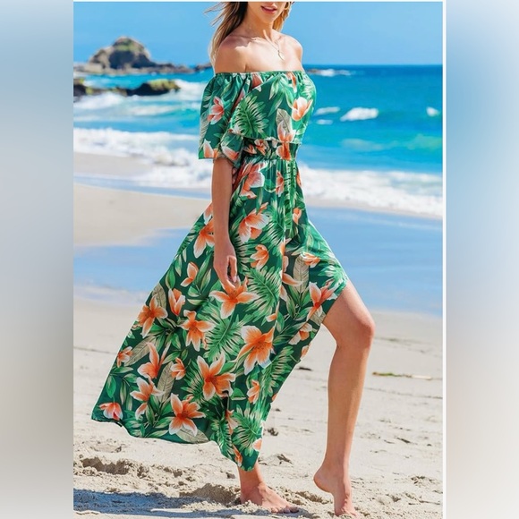 CupShe Green Floral Maxi Dress Large NWT | Off‑Shoulder Coastal Romantic Style - Picture 2 of 4